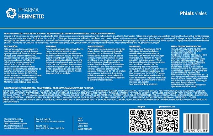 Pharma Hermetic Hair Growth Serum SP55, Professional 7 Week Hair Regrowth Kit, Scalp Serum For Thinning Hair with Biotin, Caffeine and Peptide Complex for Women and Men, Hair Serum (5x5mL)