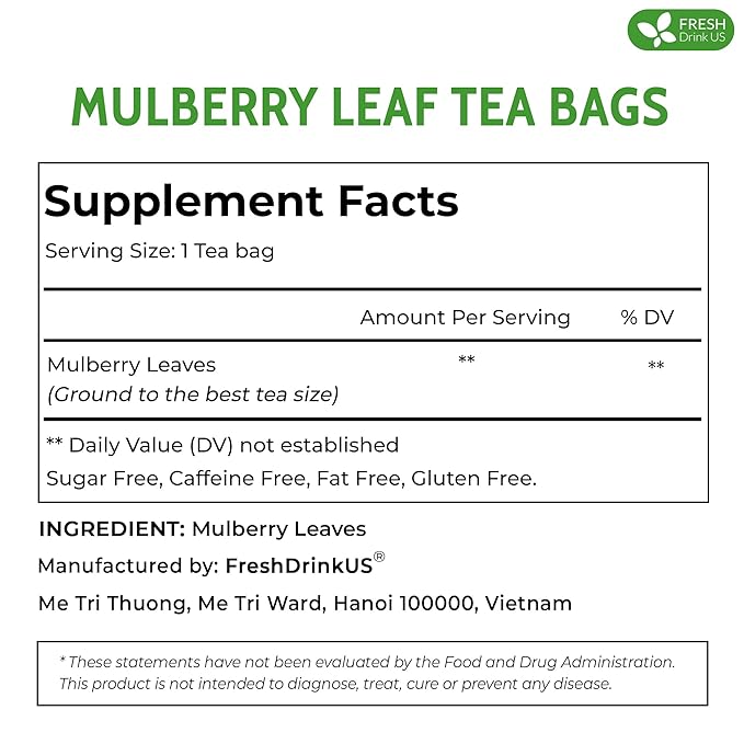 FreshDrinkUS Premium 120 Mulberry Leaf Tea Bags, 100% Natural & Pure. Loose Leaf Herbal Tea. Made with Natural Material Tea Bags. No Sugar, No Caffeine, No Gluten, Vegan