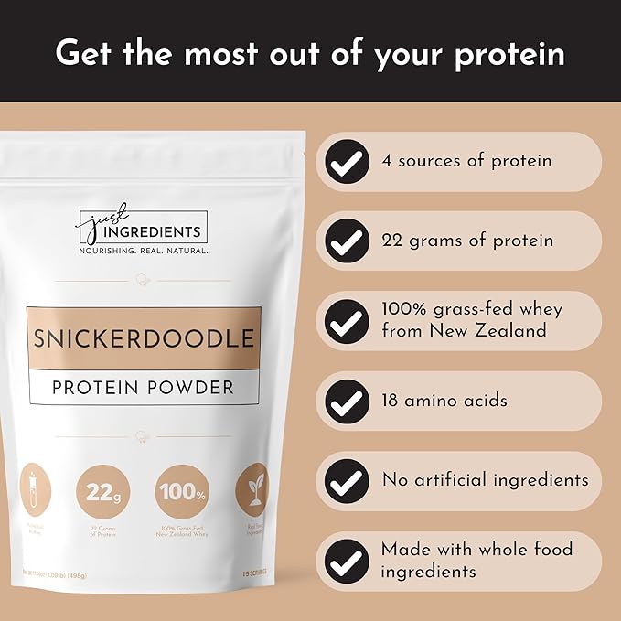 Just Ingredients Protein Powder | Snickerdoodle Protein Powder Made With 100% Grass Fed, Non Denatured Whey | Four Different Protein Sources | Organic Whole Food Ingredients | 15 Serving | 22g protein