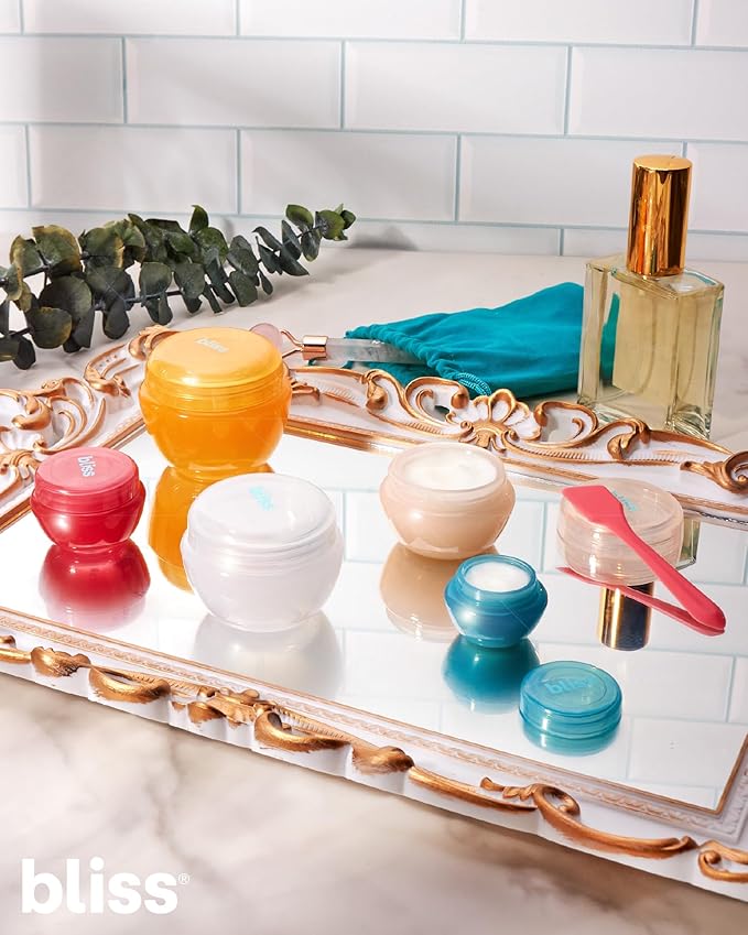 Bliss Travel Containers - 5 Pack Leak Proof Tapered Jar Set with Lid and Spatula - Small Travel Containers for Creams, Lotions, Vitamins, and Small Jewelry, Amalfi Vibes