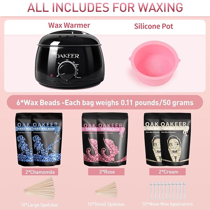 Oakeer Waxing Kit for Women Men, Wax Pot Machine, Wax Warmer for Hair Removal At Home With 6 Bags Beans, Body Waxing For Eyebrows Nose Cheeks Arms Bikinis Legs