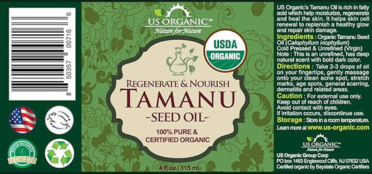 US Organic Tamanu Oil, USDA Certified Organic, 100% Pure Virgin Cold Pressed Unrefined, Dark Green Color, Sourced from Southeast Asia_Improved Cap_4oz (115 ml)