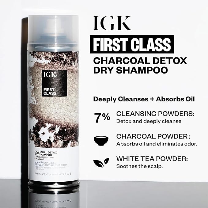 IGK First Class Charcoal Detox Dry Shampoo | Deep Cleansing, Oil & Odor Absorbing | Adds Volume & Texture | For All Hair Types | 6.3 oz (Pack of 2)