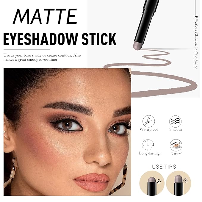 Matte Eyeshadow Stick, Gray Cream Eye Shadow Stick Waterproof Neutral Brown Eyeliner Brightener Pencil Crayon Long-Lasting Eye Highlighter Makeup for Women Easy to Use High Pigmented