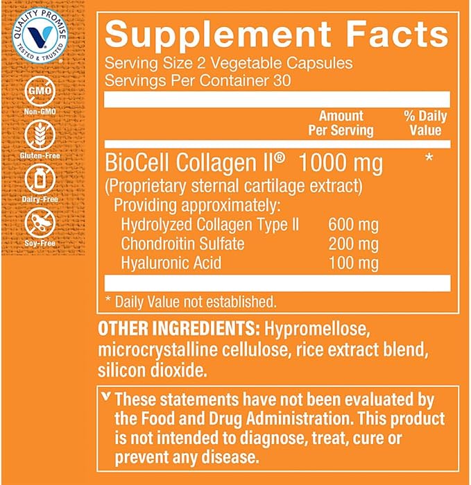 The Vitamin Shoppe Biocell Collagen II with Hyaluronic Acid - 1000mg per Serving (60 Vegetable Capsules)
