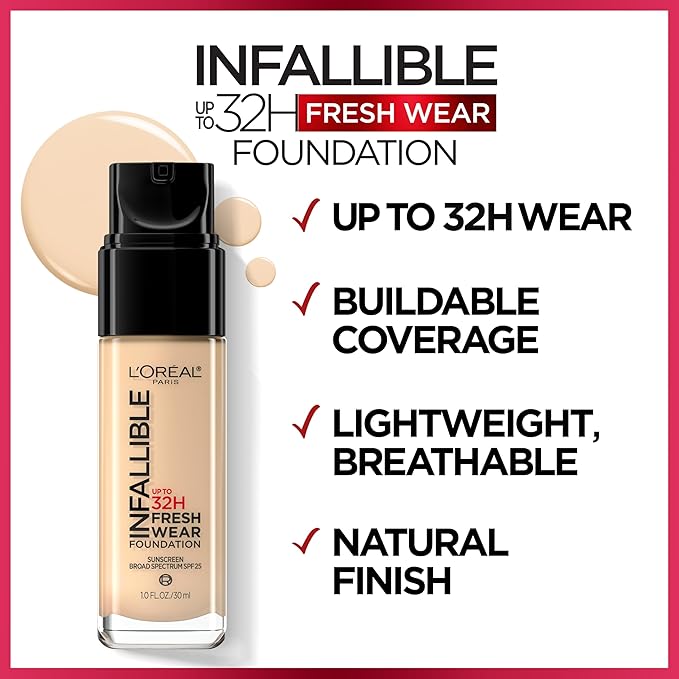 L'Oreal Paris Makeup Infallible Up to 32 Hour Fresh Wear Lightweight Foundation, 481 Cool Sand, 1 Fl Oz, Packaging May Vary