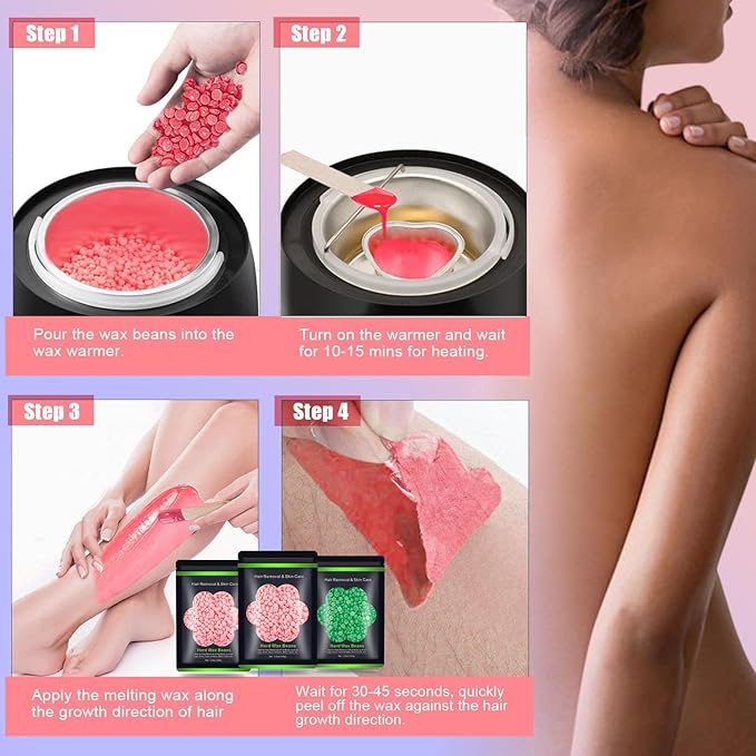 Wax Beads for Hair Removal 10.5oz (300g), Auperwel Hard Wax Beads Beans for Sensitive Skin Brazilian Waxing, Face, Bikini, Eyebrow, Legs, Painless for Women Men, 3 packs Kit with 10 Sticks