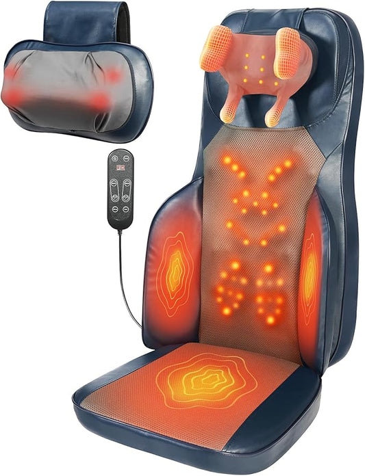 Shiatsu Neck and Back Massager with Heat - 3D Kneading & Vibration Full-Back Massage Cushion to Ease Muscle Stiffness, Adjustable Intensity & Height for Office Chair, Home Use (Blue)
