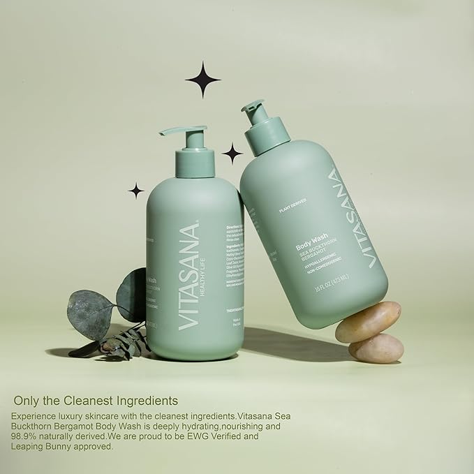 Natural Body Wash for Sensitive Skin, 16 oz – Sea Buckthorn & Bergamot Scent, 98.9% Plant‑Derived, EWG Verified, Hypoallergenic, Paraben‑Free, Sulfate‑Free, Cruelty‑Free