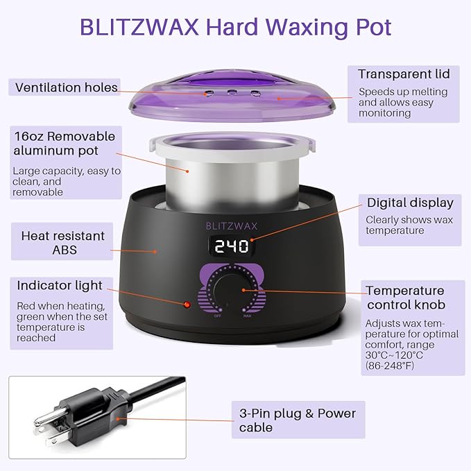 BLITZWAX Brazilian and Bikini Wax Pot for Women, Hard Waxing Warmer for Face, Legs and Body, At Home Hair Removal Machine, Beginner Friendly, Digital Fast Heating, 16oz Capacity