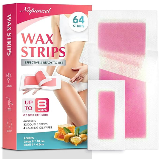 Wax Strips: 64 Waxing Strips - Hair Removal Wax - Brazilian Waxing - Waxing Kit for Women - Body Legs Arms Chest Bikini Back - Wax Kit At Home for Hair Removal - 4 Calming Oil Wipes - 2 sizes