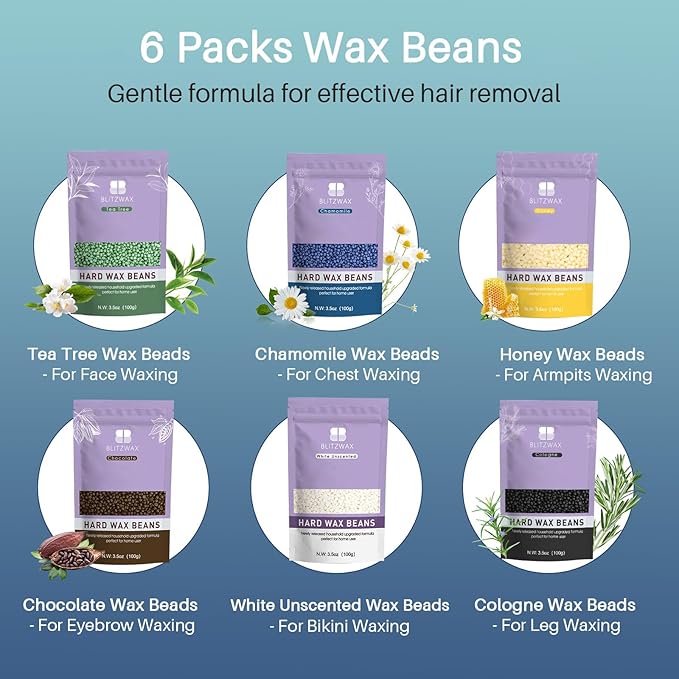 BLITZWAX Back and Nose Waxing Kit for Men, Hard Wax Warmer for Brazilian, Body and Face, At Home Hair Removal Kit, Beginner Friendly, Quick Heating, 93 Accessories, Blue Waves