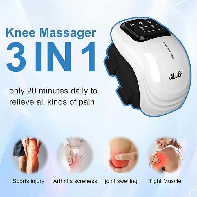 Knee Massager Smart with Heat, Red Light and Massage Therapy, 3 Vibration Modes and 3 Heating Levels, 2025 Updated Edition, LED Vitality Joints Knee Massager, Gifts for Grandma & Grandpa, White