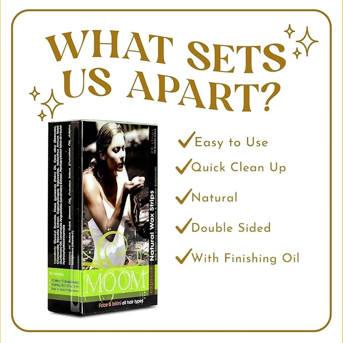 MOOM Express Wax Strips with Chamomile & Lavender, Hair Removal Kit with Finishing Oil – Face, Bikini Area & Brazilian, 10 Double-Sided Strips (2 Pack), 40 Count