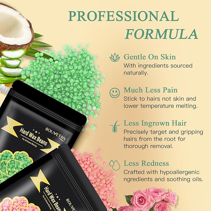 Wax Beads for Hair Removal, Bouvetan 1.3Lb/21oz Hard Wax Beans for Brazilian Waxing, Hard Wax for Eyebrow, Face, Bikini, Legs, Arms for Women Men Hair Removal with 10pcs Spatulas, 6 Packs