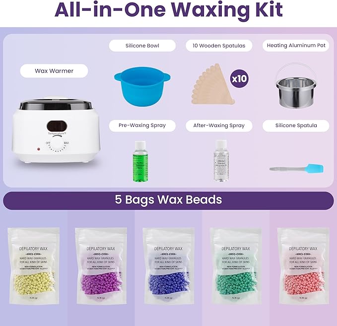 Wax Warmer Pot with 5 Bag Hard Wax Beads, Wax Kit Digital Hair Removal Waxing Kit for Women & Men, HotWax Melt Warmer Kit for Full Body, Legs, Face, Bikini,Sensitive skin, White