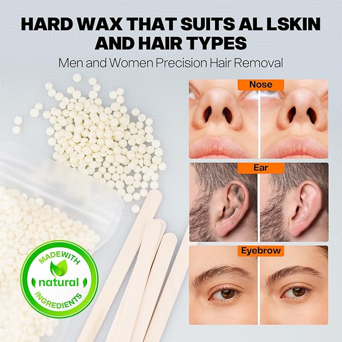 Ear Hair Removal Kit for Nose and Eyebrow | 100 g Wax, 30 Sticks | Nose Wax Kit for Men and Women | Includes Balm Wipes,Earplugs, Ear Protectors | Lasts up to 5 Weeks | No Microwave Needed