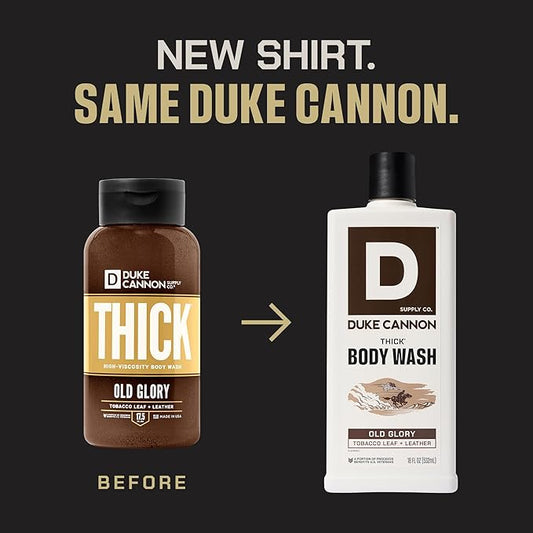 Duke Cannon Supply Co. Thick High Viscosity Body Wash – 3X Thicker, Cleansing Shower and Bath Gel, Mineral-Enriched for Men – Tobacco Leaf + Leather - Men’s Body Scrub – Old Glory Scent