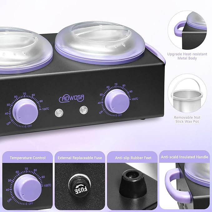 Professional Waxing Kit Wax Warmer Double Pot Wax Heater Machine for Hair Removal, Large Waxing Pot for Spa Salon Beauty Esthetician Home, with Non-Stick Easy Clean Pot, 50 Sticks & 20 Collar, Black