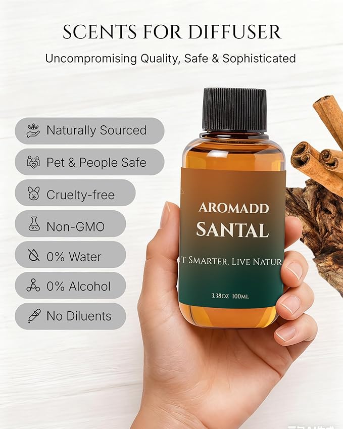 Aromadd Santal Diffuser Oil Inspired by Luxury Hotel Scent, Essential Oils for Waterless Diffuser, Warm Sandalwood & Amber Aroma, Long-Lasting & Natural Home Fragrance - 3.38 fl oz (100 mL)
