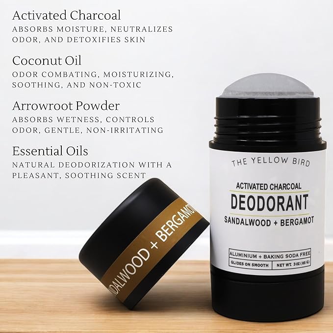 Sandalwood & Bergamot Natural Deodorant – Aluminum-Free, Baking Soda-Free Stick, Sensitive Skin Formula with Activated Charcoal – 3 oz, For Men, Women, Teens - Made in USA