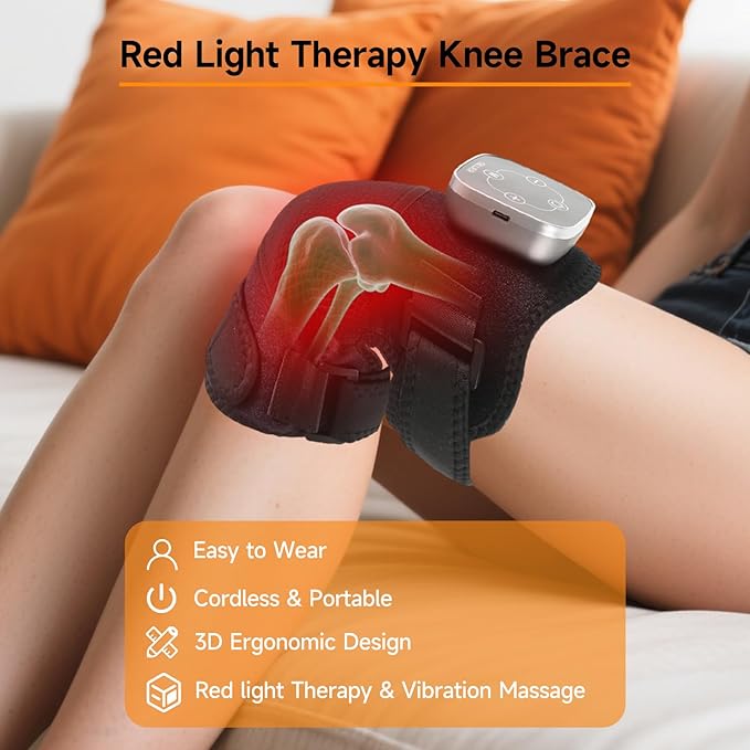 Red Light Therapy & Vibration Knee Massage - 660nm&850nm Red Light Therapy Heated Device for Knee, Wireless Rechargeable Magnetic Attraction Controller, Gifts for Grandma & Grandpa, Black