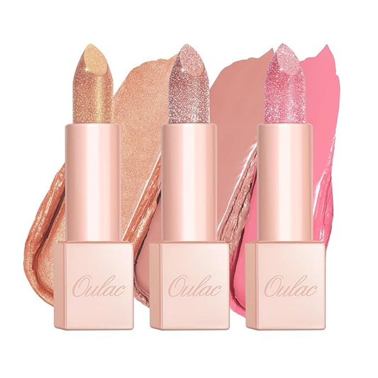Oulac Moisture Lipstick Set 3PCS - Infinity High Shine Finish, Hydrating Vegan Lipstick Infused with Damask Rose Oil for All-Day Comfort, Gluten-Free, PG10+PG12+PG13
