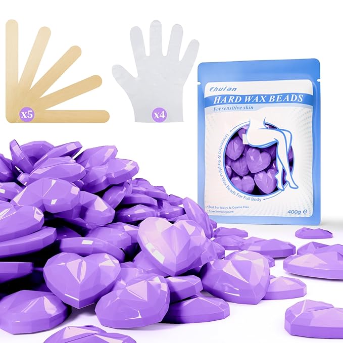Hard Wax Beads, 400g Heart Wax Beans for Sensitive Skin, Hypoallergenic Waxing Bead for Coarse Hair Removal, Body, Brazilian, Facial, Bikini, Legs, Armpits Women Home Purple