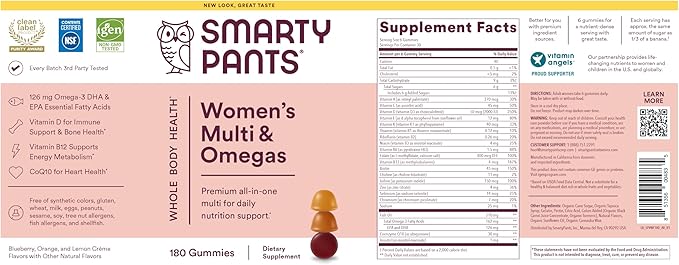 SmartyPants Women's Multivitamin Gummies: Omega 3 Fish Oil (EPA/DHA), Methylfolate, CoQ10, Vitamin D3, C, Vitamin B12, B6, A, K & Zinc, Inositol, Gluten Free, 180 Count (30 Day Supply)