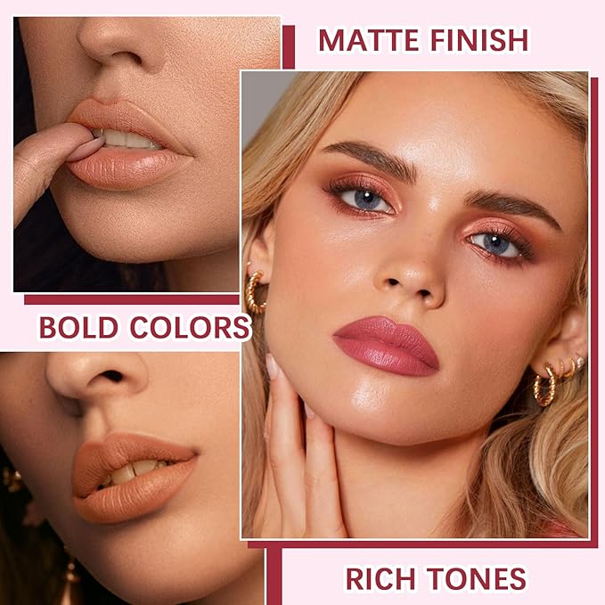 Queen Diary 4PCS Velvet Matte lipstick for women，Peach, Pure White Water, Brick Red, and Naked Orange lip stain，Waterproof lipstick long lasting Makeup Gift Sets（Set A）