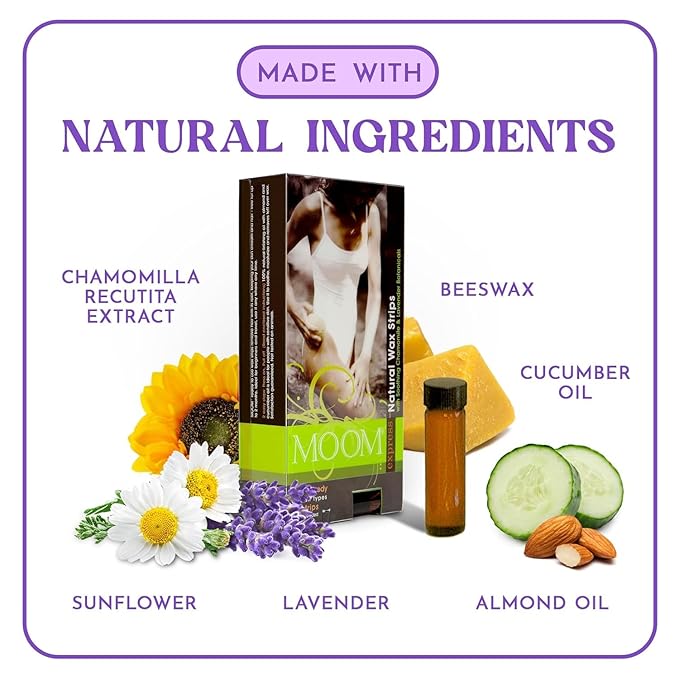 MOOM Express Wax Strips with Chamomile & Lavender, Hair Removal Kit with Finishing Oil – Legs, Bikini, Face & Body, 10 Double-Sided Strips (2 Pack), 40 Count