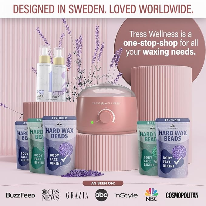 Tress Wellness Waxing Kit for Sensitive Skin – Safe for Face & Skin, Prep & Aftercare Wipes, Easy to Use – At-Home Kit for Face, Bikini, Brazilian & Full Body - Pink, No Display