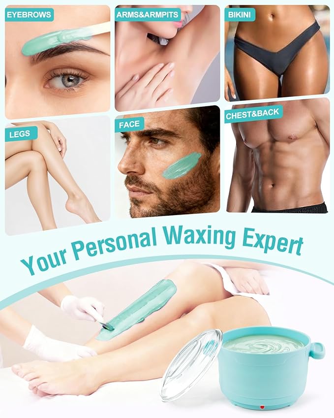 Waxing Kit, Foldable Wax Warmer with 4 Packs Hard Wax Beads, Silicone Wax Pot Machine for Full Body, Face, Eyebrows, Legs, Bikini, At Home Hair Removal Kit with 15 Accessories for Women Men, Green