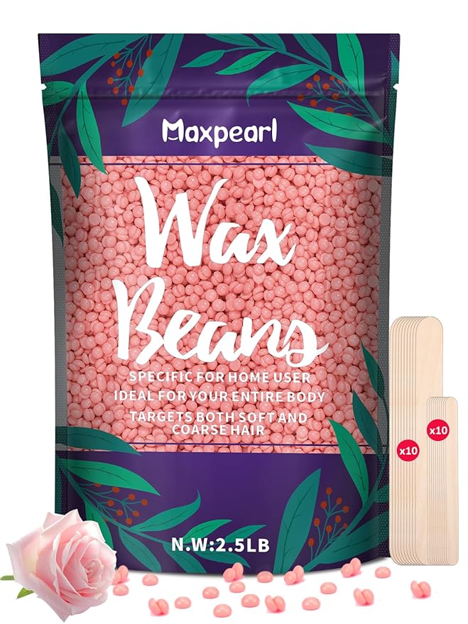 Maxpearl 2.5LB Hard Wax Beads for Hair Removal, Natural Rose Formula - Brazilian Waxing, Sensitive Skin, Face, Underarms, Legs, Back, Chest and More, with 20 Wax Sticks, Pink