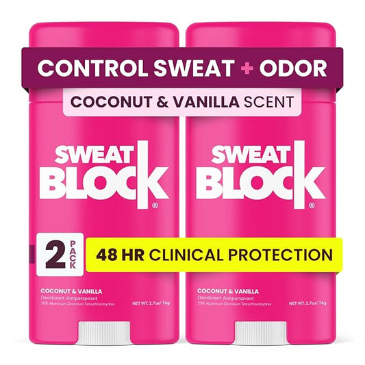SweatBlock Clinical Strength Deodorant Antiperspirant for Women Coconut and Vanilla Scented 2 Pack 48 Hour Protection Against Sweat and Body Odor Gentle Daily Use Formula for Confidence and Freshness