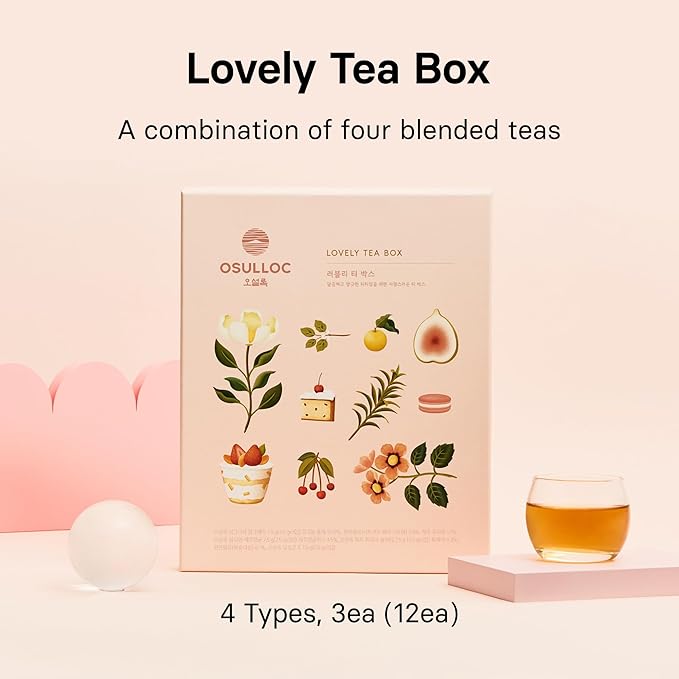 OSULLOC Lovely Tea Gift Box Set (12 count, 4 flavors x 3 EA) | Premium Blended Tea from Jeju | Korean Tea Sampler | Fruit Tea Variety Pack | Pyramid Tea Bag Series