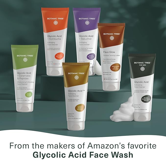 Botanic Tree Hydrating Glycolic Acid Cleanser - Exfoliating Face Wash - Face Cleanser for Women - Also with Ceramides & Peptides, Gently - for Dewy Bouncy Skin - 6oz