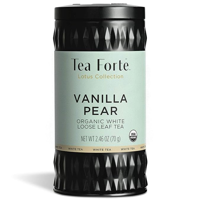 Tea Forte Vanilla Pear Premium Organic Loose Leaf Caffeinated White Tea Blend Canister, Makes 35-50 Cups