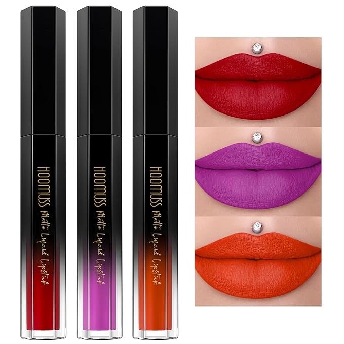 Red Lipstick Set Long Lasting 3Pc Matte Liquid Lipsticks for Women Non Transfer Smudgeproof Red Purple Orange Lipstick Kit Cruelty Free Lip Color, 13/45/51