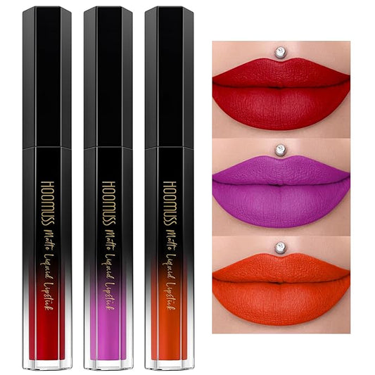 Red Lipstick Set Long Lasting 3Pc Matte Liquid Lipsticks for Women Non Transfer Smudgeproof Red Purple Orange Lipstick Kit Cruelty Free Lip Color, 13/45/51