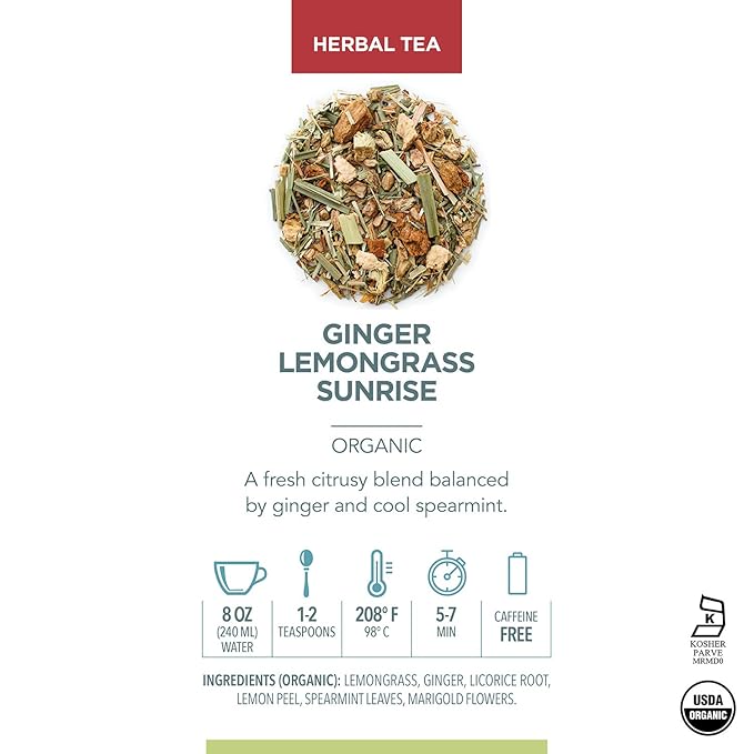 Teabloom Organic Herbal Tea, Ginger Lemongrass Sunrise Loose Leaf Tea, Sweet and Soothing, USDA and EU Certified Organic, Fresh Whole Leaf Blend in Reusable Gift Canister, 2.82 oz/80 g Canister Makes 35-50 Cups
