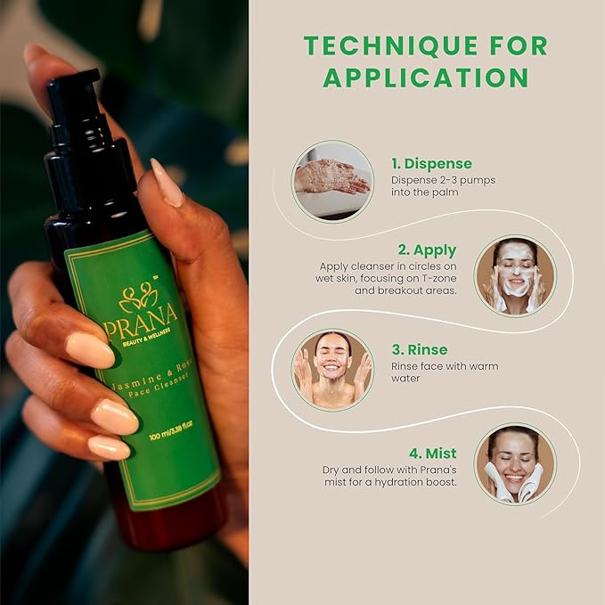 PRANA Rose & Jasmine Facial Cleanser - Natural Face Wash with Ayurvedic Ingredients, Jojoba & Rose Oil, Jasmine Oil & Cucumber - Anti-Aging & Brightening Face Wash - Vegan, Cruelty-Free - 100ml