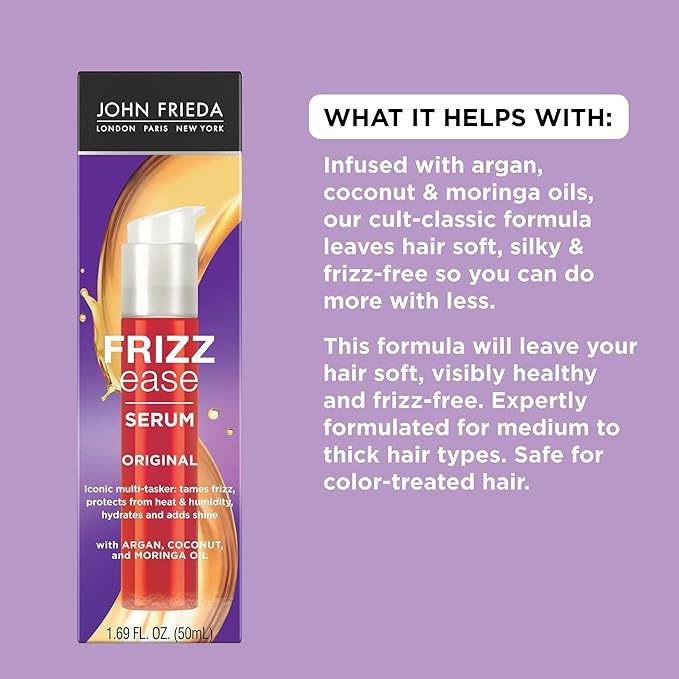 John Frieda Frizz Ease Original Hair Serum, Protecting Against Frizz, Heat, and Humidity While Adding Shine, Smooths Strands and Hydrates Parched Hair with Argan, Coconut, and Moringa Oil, 1.69 Oz