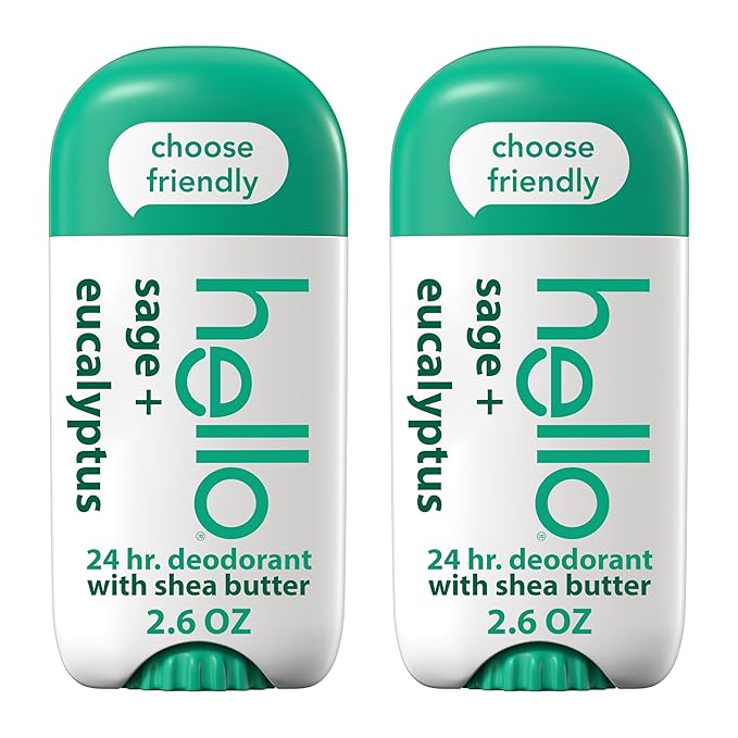 hello Sage and Eucalyptus Aluminum Free Deodorant for Women and Men with Shea Butter, 24-Hour Freshness, Baking Soda Free Deodorant, Dermatologically Tested, 2.6 oz Stick (2 Pack)