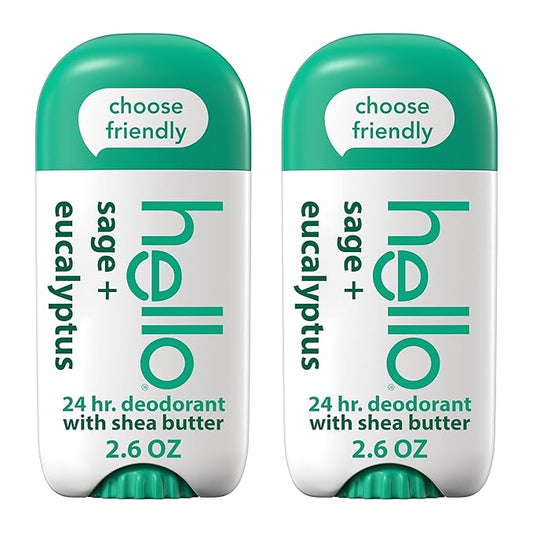 hello Sage and Eucalyptus Aluminum Free Deodorant for Women and Men with Shea Butter, 24-Hour Freshness, Baking Soda Free Deodorant, Dermatologically Tested, 2.6 oz Stick (2 Pack)