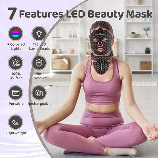 Yahi Red Light Photon Facial & Neck Mask with Remote Control, 7 Custom Modes with Infrared, Portable & Rechargeable with Timer for Home Use, 175 High-Density Light Beads, Black