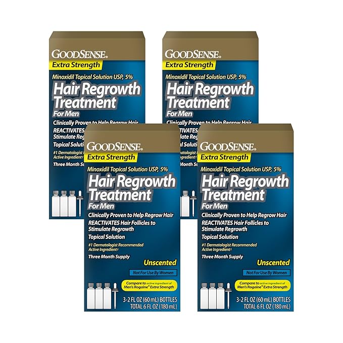 GoodSense Minoxidil Topical Solution USP, 5 Percent, Hair Regrowth Treatment for Men, Extra Strength 6 FL Oz (Pack of 4)
