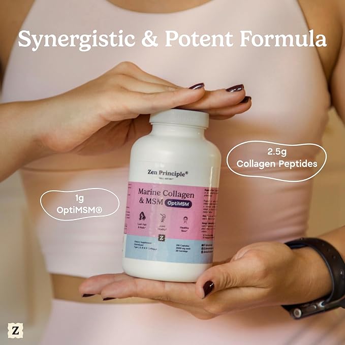 Zen Principle Marine Collagen Peptides Powder with OptiMSM® Supplement. Clinically Tested for Skin Support. Wild-Caught Fish, Non-GMO. Container 16 oz