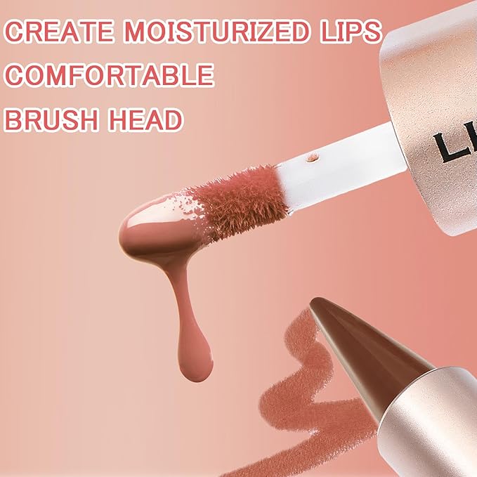 2 in 1 Dual-Ended Lip Combo Sets, Velvet Matte Brown Lip Liner Gloss Kit, Nude Lipstick, Long Lasting High Pigmented Makeup