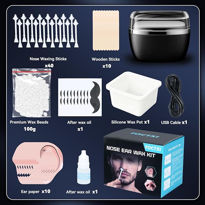 Nose Wax Kit - Portable Ear Nose Hair Waxing Kit for Men and Women with 100g Ｗax Beans, 40 Nose Hair Sticks, 10 Applicators, 10 Mustache & 10 Ear Protectors, Wax Warmer Kit for Hair Removal - White
